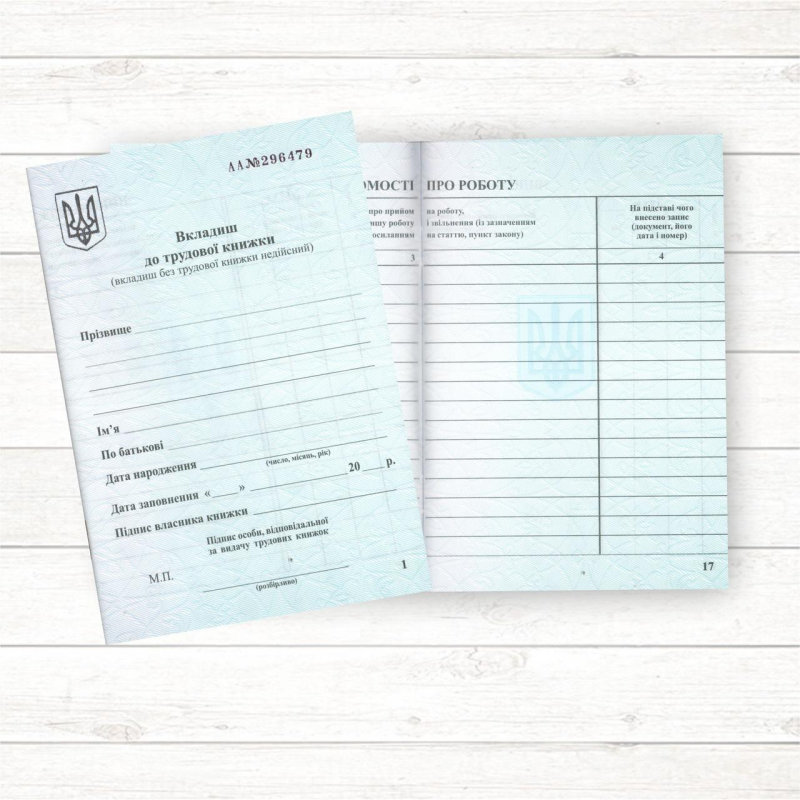 Вкладиш до трудової книжки (ПК Зоря, ориг.)